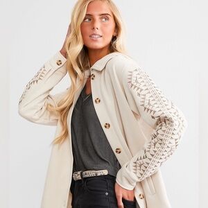 BKE Cream Button-Up Teddy Jacket with Patterned Sleeves